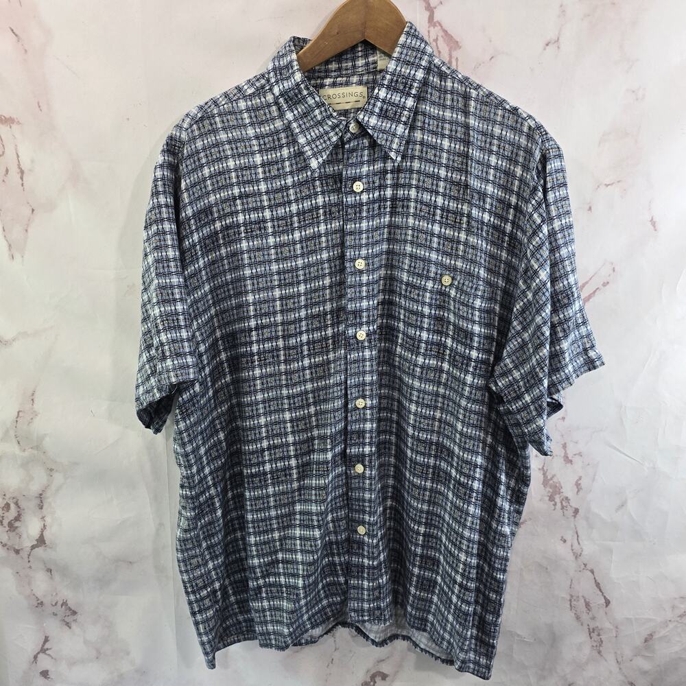 Vintage Shirt Mens XL Blue Short Sleeve Button Up Camp 90s 80s Crossings